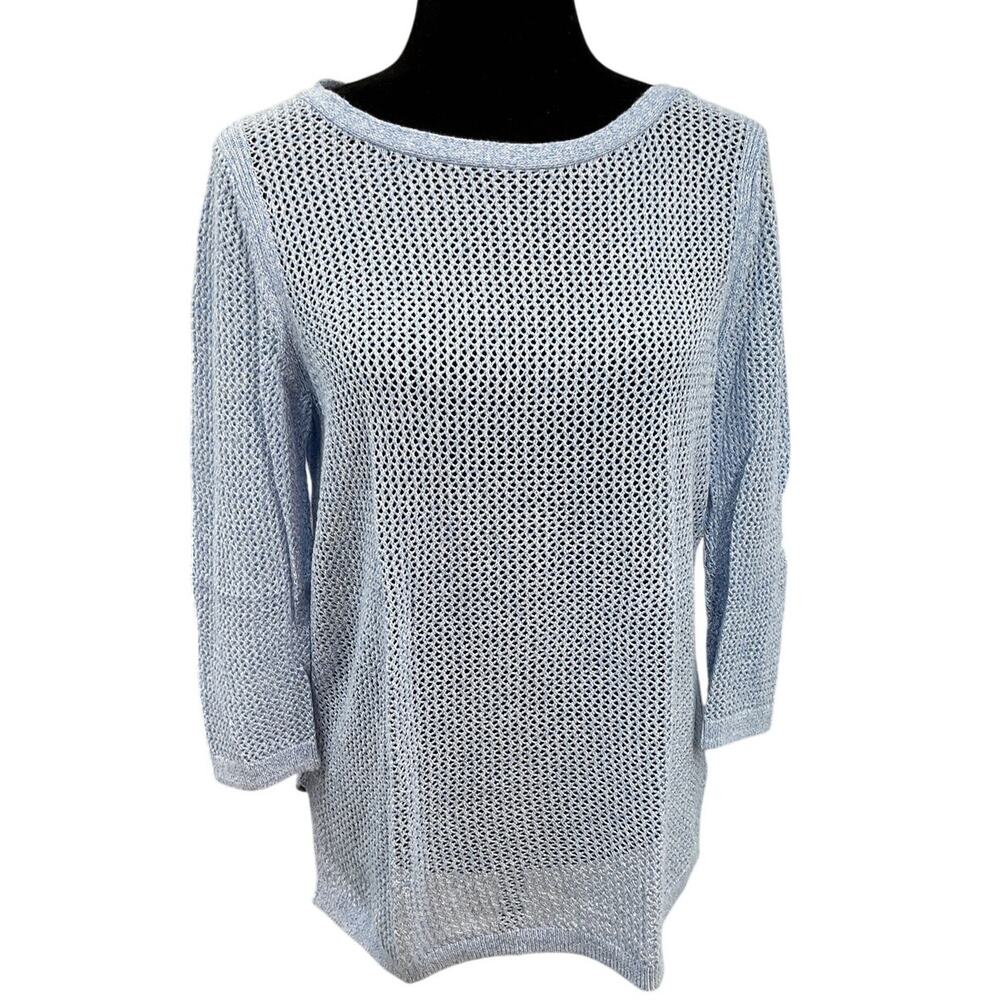 Talbots Open Knit Sweater Blue Small Petite Beachy Layering 3/4 Sleeves